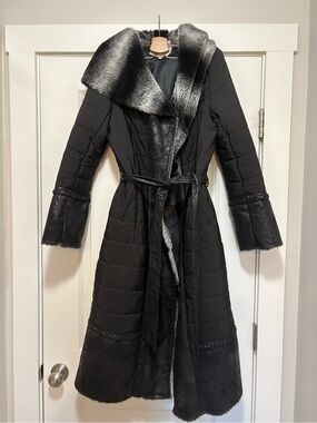 Women's Black Faux Fur Trim Belted Long Coat